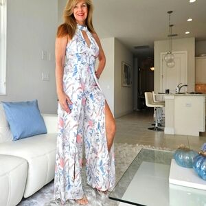 NWT Fabrik Wide Leg White, Pink and Blue Floral Print Jumpsuit.